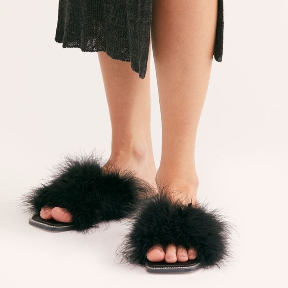 JEFFREY CAMPBELL Crossband Slide Sandal Flats Genuine Turkey Feathers crushonu2